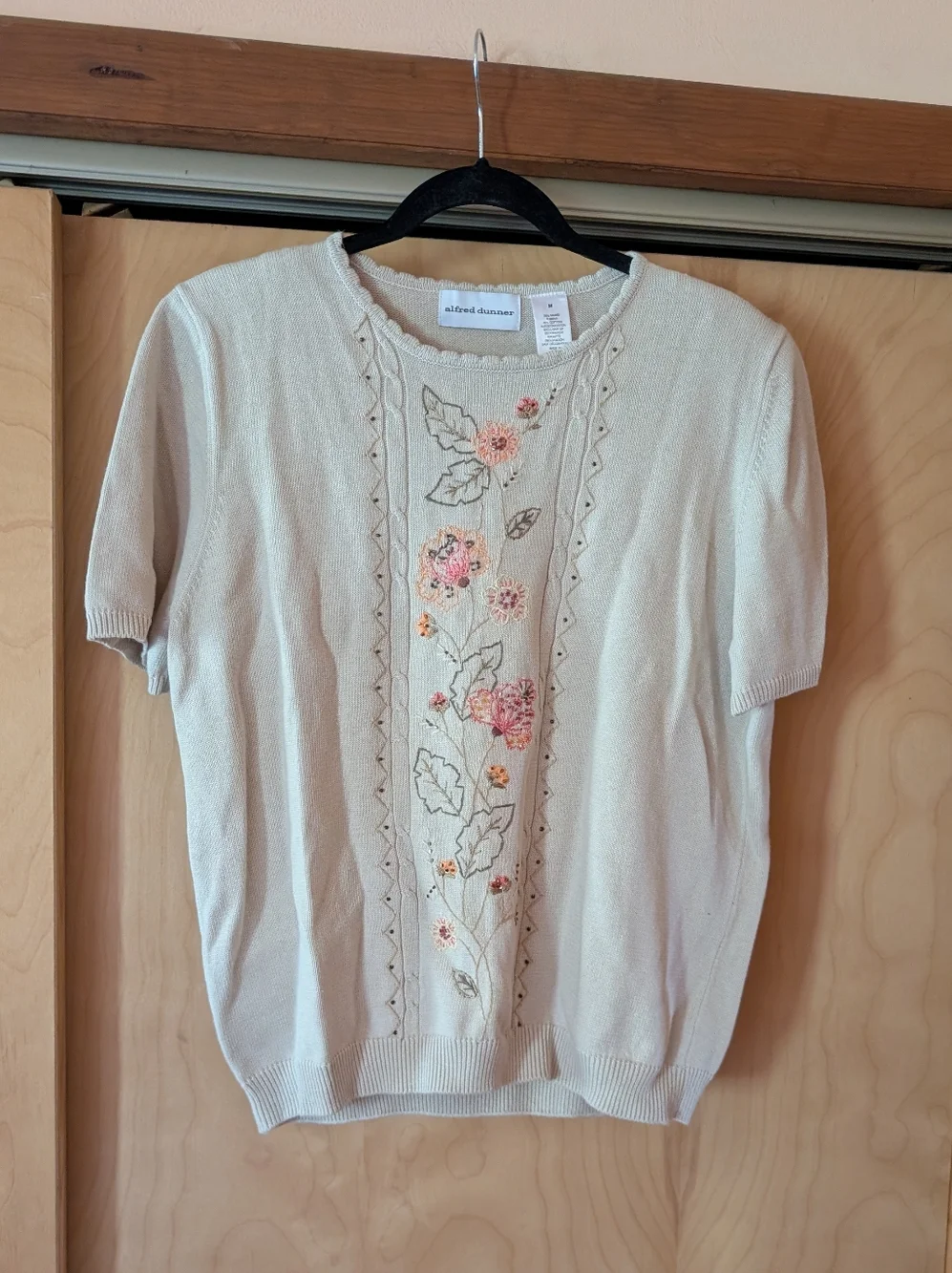 Vintage 90's Alfred Dunner Cream Short Sleeve Floral Embroidered Sweater - Picture 1 of 4